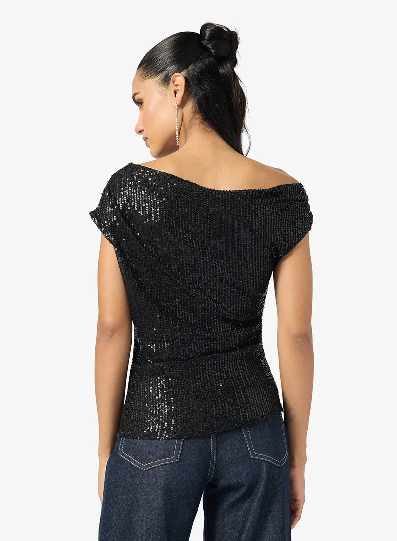 Ginger Drop Shoulder Sequin Draped Top